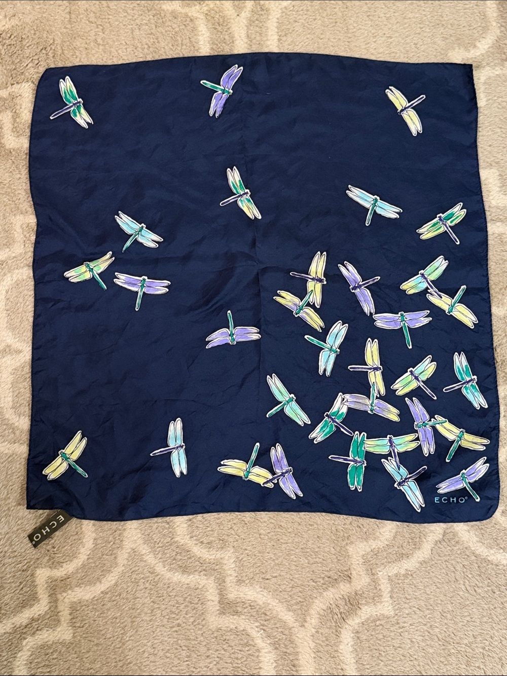 Echo Navy Silk Scarf with Colourful Dragonfly Motif